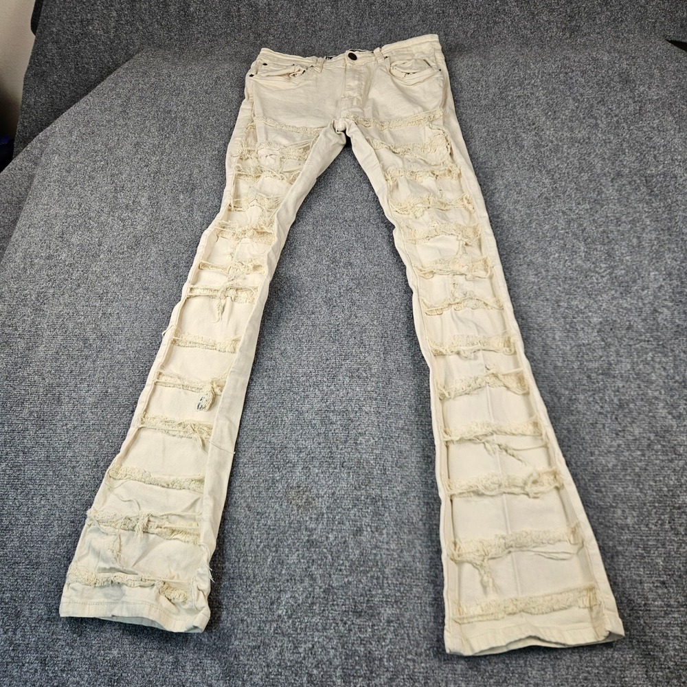 Spark Studio Collection‎ Mens Distressed Flare Jeans Cream Tan K288 199